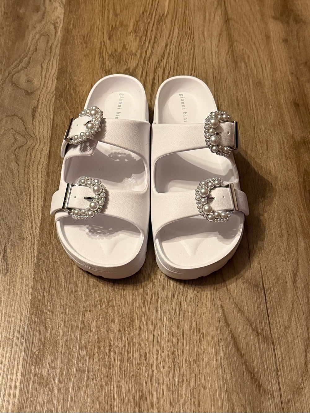 Gianni Bini Pearl-Embellished White Double Buckle Slide Sandals